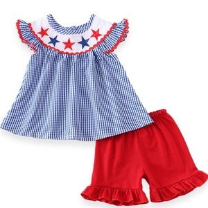 Stars & Gingham Plaid Blue Red Stars Girls Set size 6